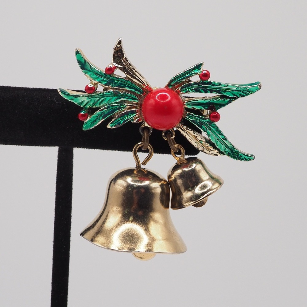 Vintage Christmas Holiday Brooch Jingle Bells Holly Leaf Red Berry Gold Tone